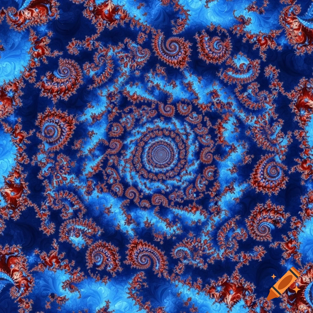 A detailed blue and reddish-brown fractal pattern with a central spiral surrounded by many smaller intricate spirals.