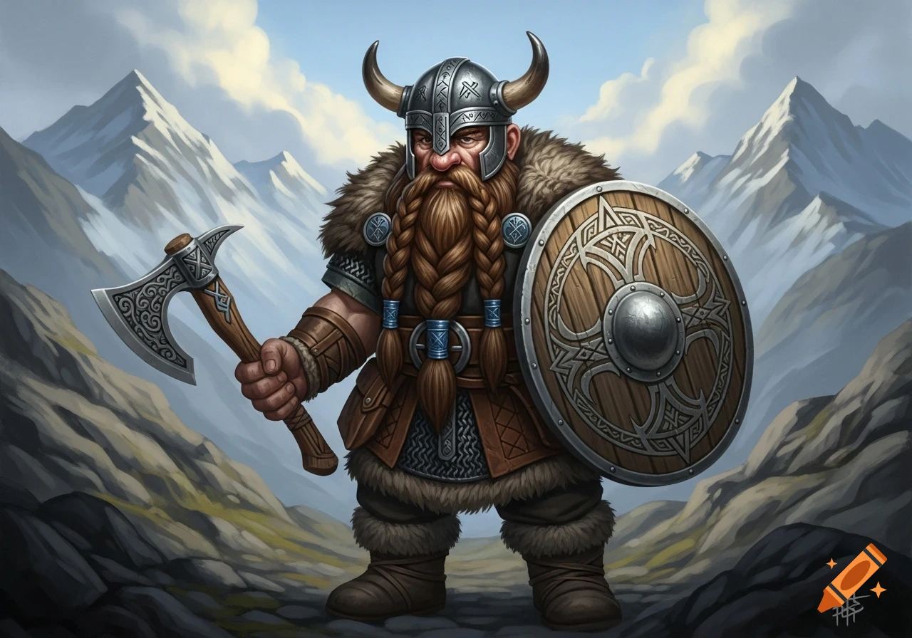 A fantasy dwarf with a braided beard, horned helmet, axe, and shield stands in a mountain landscape.