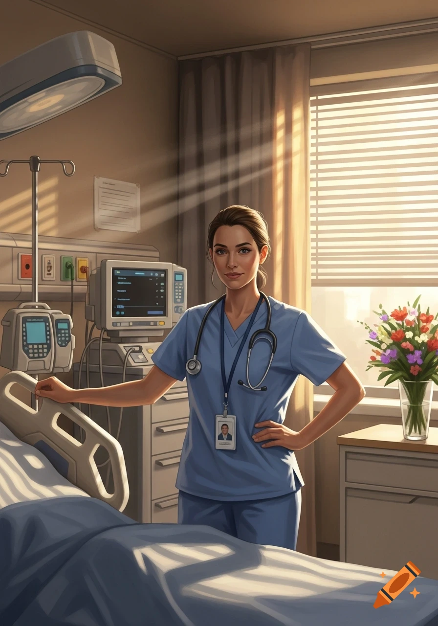 A female nurse in blue scrubs stands confidently in a hospital room with medical equipment and a bed, bathed in sunlight.