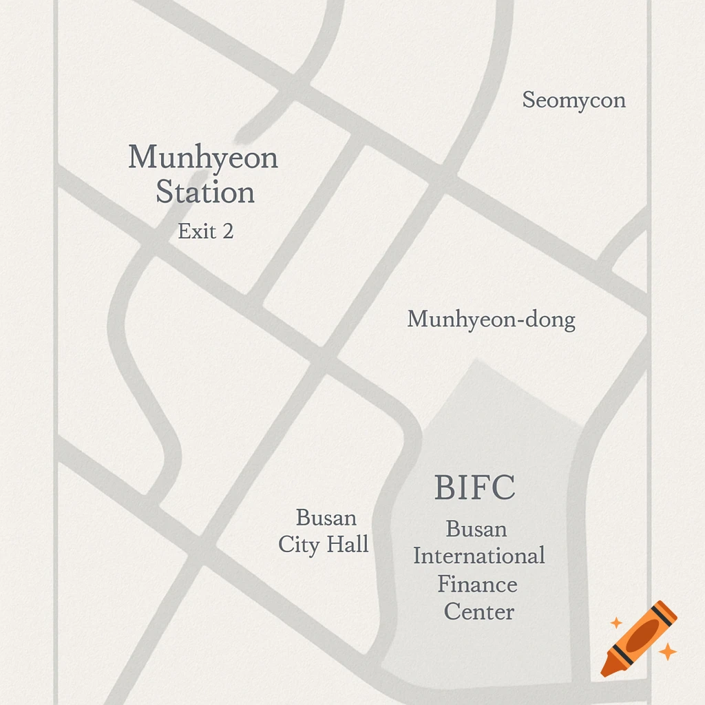 A minimalist, greyscale map of an area in Busan, showing Munhyeon Station, Busan City Hall, and BIFC (Busan International Finance Center) with roads.