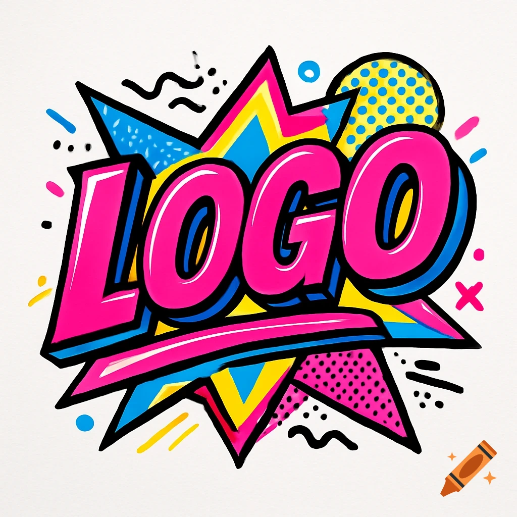 Vibrant pop art style logo featuring the word "LOGO" in pink, set against a yellow and blue starburst with dots and squiggles.
