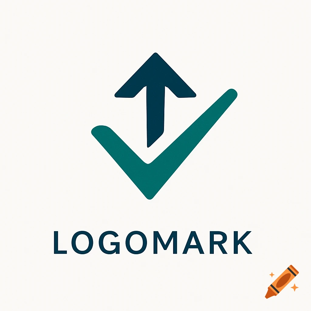 A minimalist logomark with a dark teal upward arrow inside a larger, lighter teal checkmark, and the word LOGOMARK below.