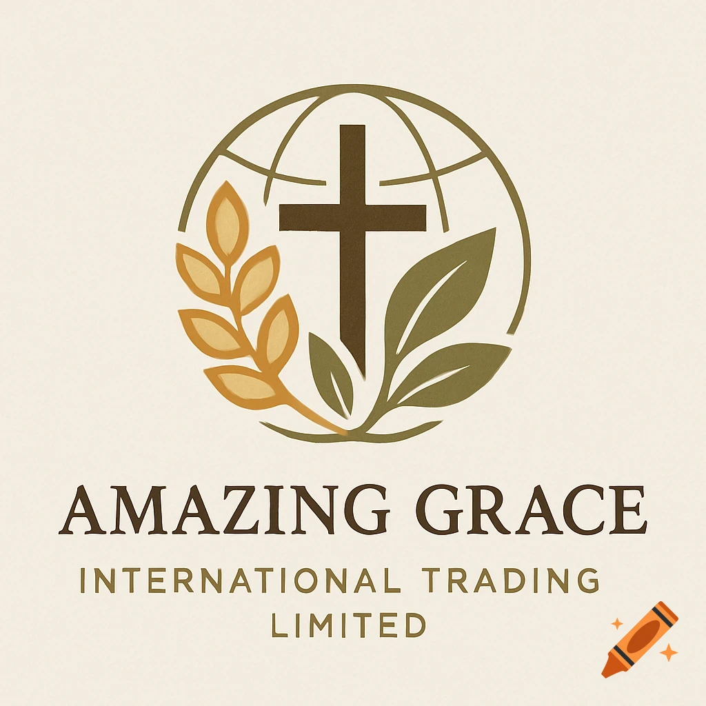 A company logo with a brown cross inside a globe, flanked by golden wheat stalks and green leaves, above the text "AMAZING GRACE INTERNATIONAL TRADING LIMITED".