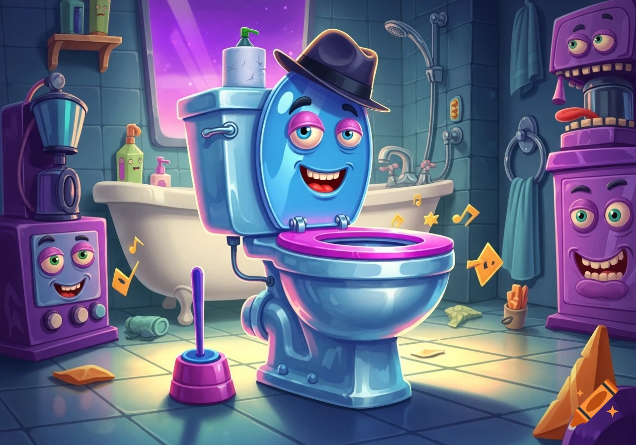 A blue cartoon toilet wearing a fedora stands in a vibrant, whimsical bathroom with other animated purple appliances.