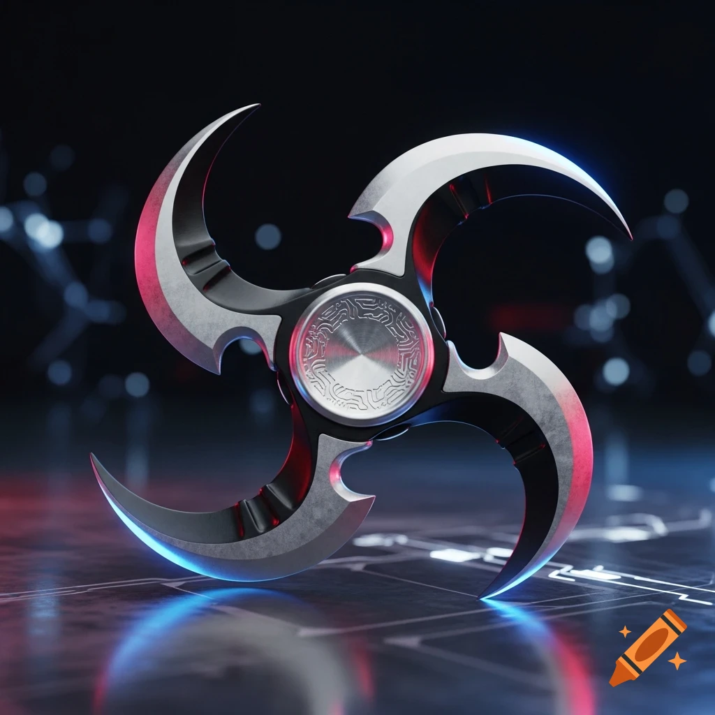 A metallic fidget spinner with three curved karambit blades, glowing with red and blue light on a dark, futuristic surface.