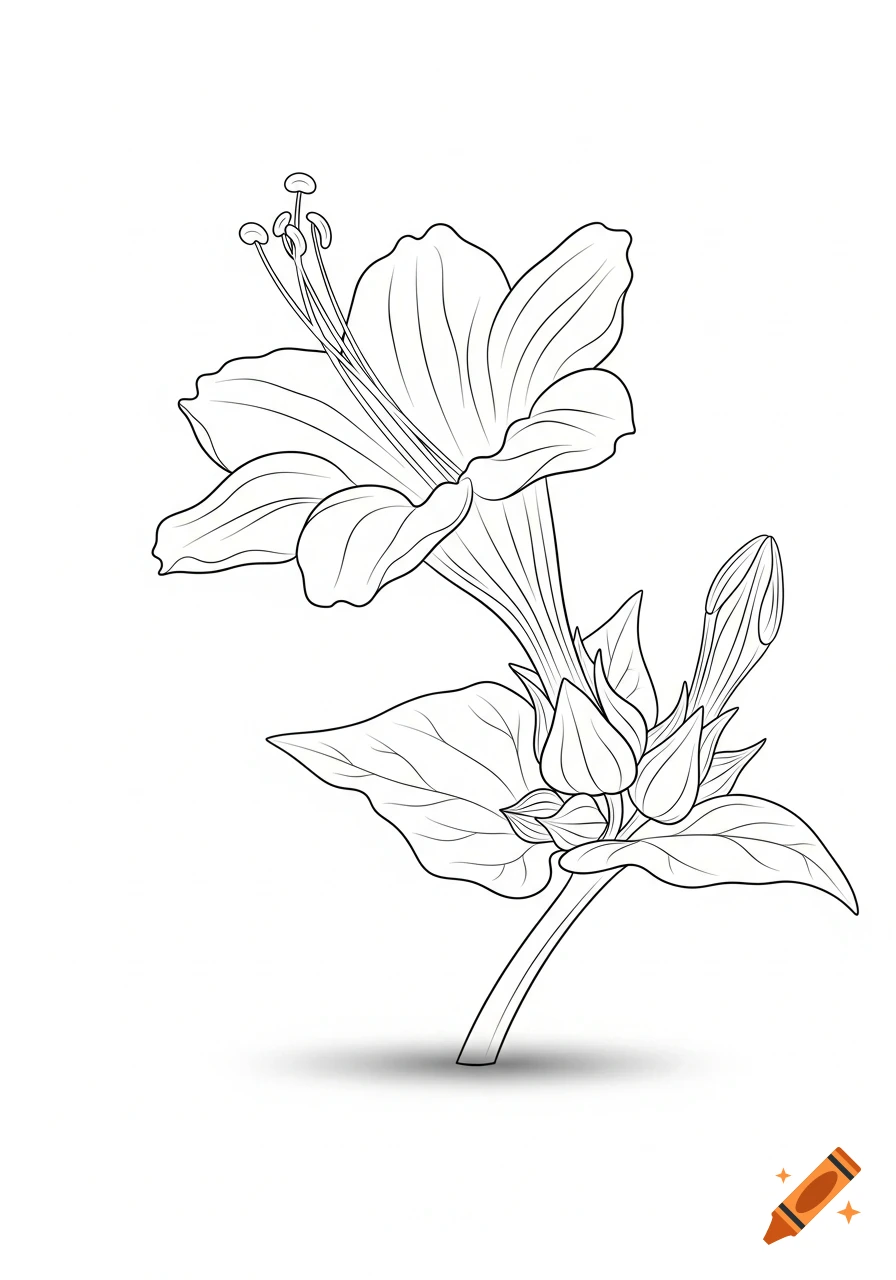 A minimalist thin-line outline drawing of a Mirabilis (four o lifetimeclock) flower with several closed buds.