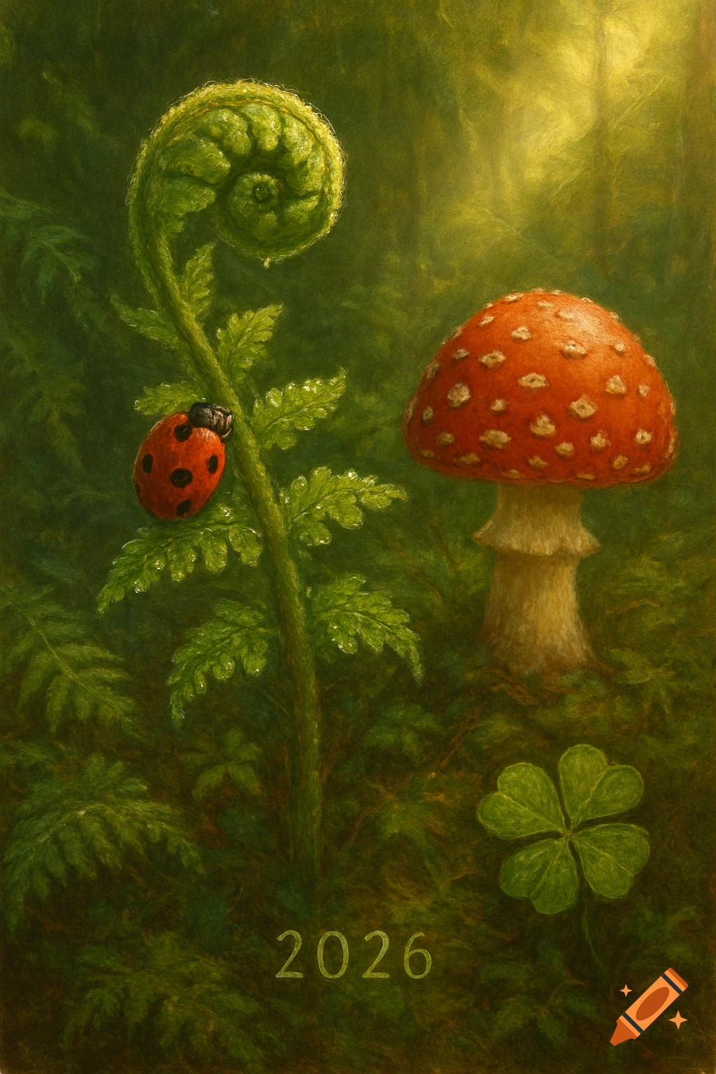 Illustration of a fiddlehead fern with a ladybug, mushroom, four-leaf clover, and '2026' on a forest floor.