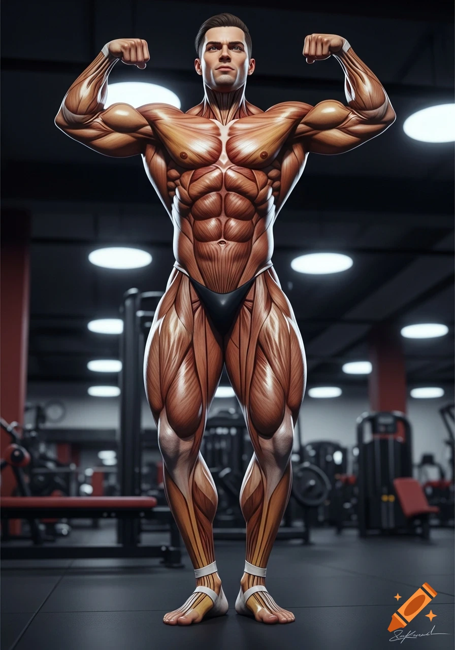 Photorealistic muscular man with detailed anatomy flexing biceps in a gym.