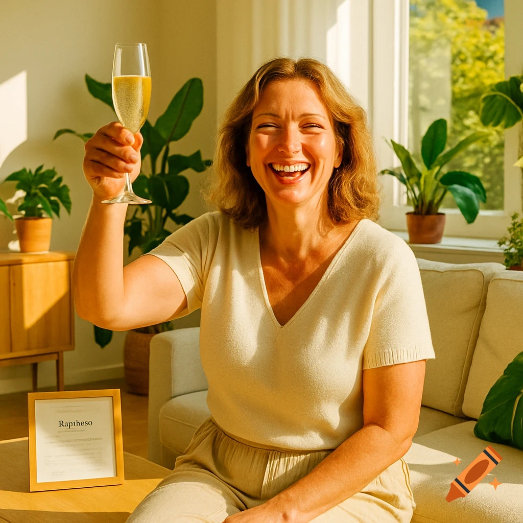 A smiling woman toasts with a glass of champagne in a sunlit living room with plants.