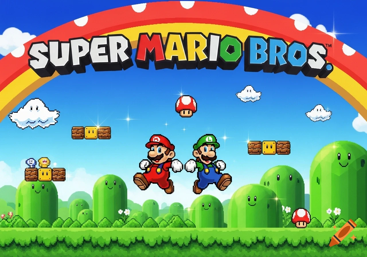 Mario and Luigi jumping in a colorful pixel art Super Mario Bros. title screen level.