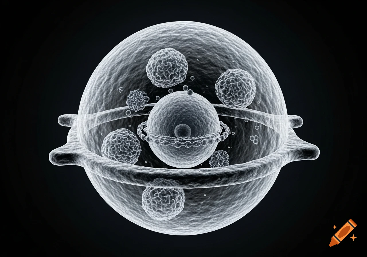 Stylized microscopic view of a complex, translucent cellular structure with internal spheres on a dark background.