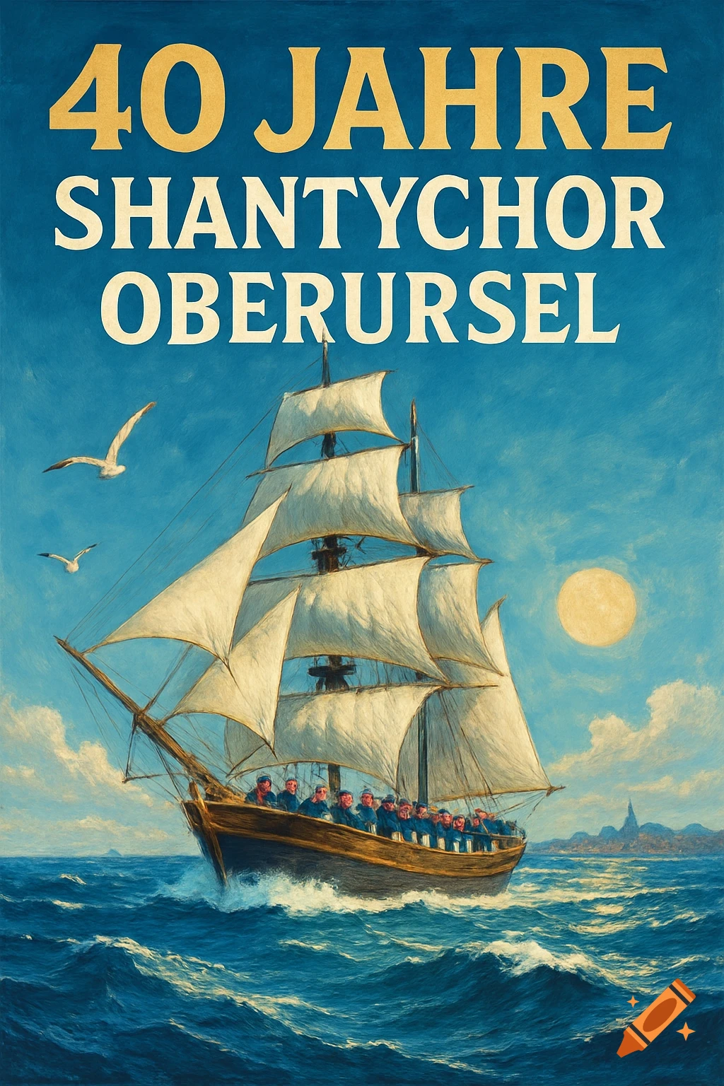 A painted poster for '40 Jahre Shantychor Oberursel' featuring a tall ship with sailors on a wavy sea, under a blue sky.