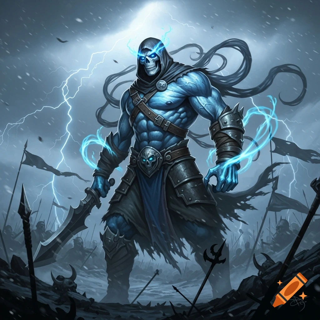 A muscular, blue-skinned skeletal warrior in a hooded cloak stands on a stormy battlefield with lightning, holding a sword.