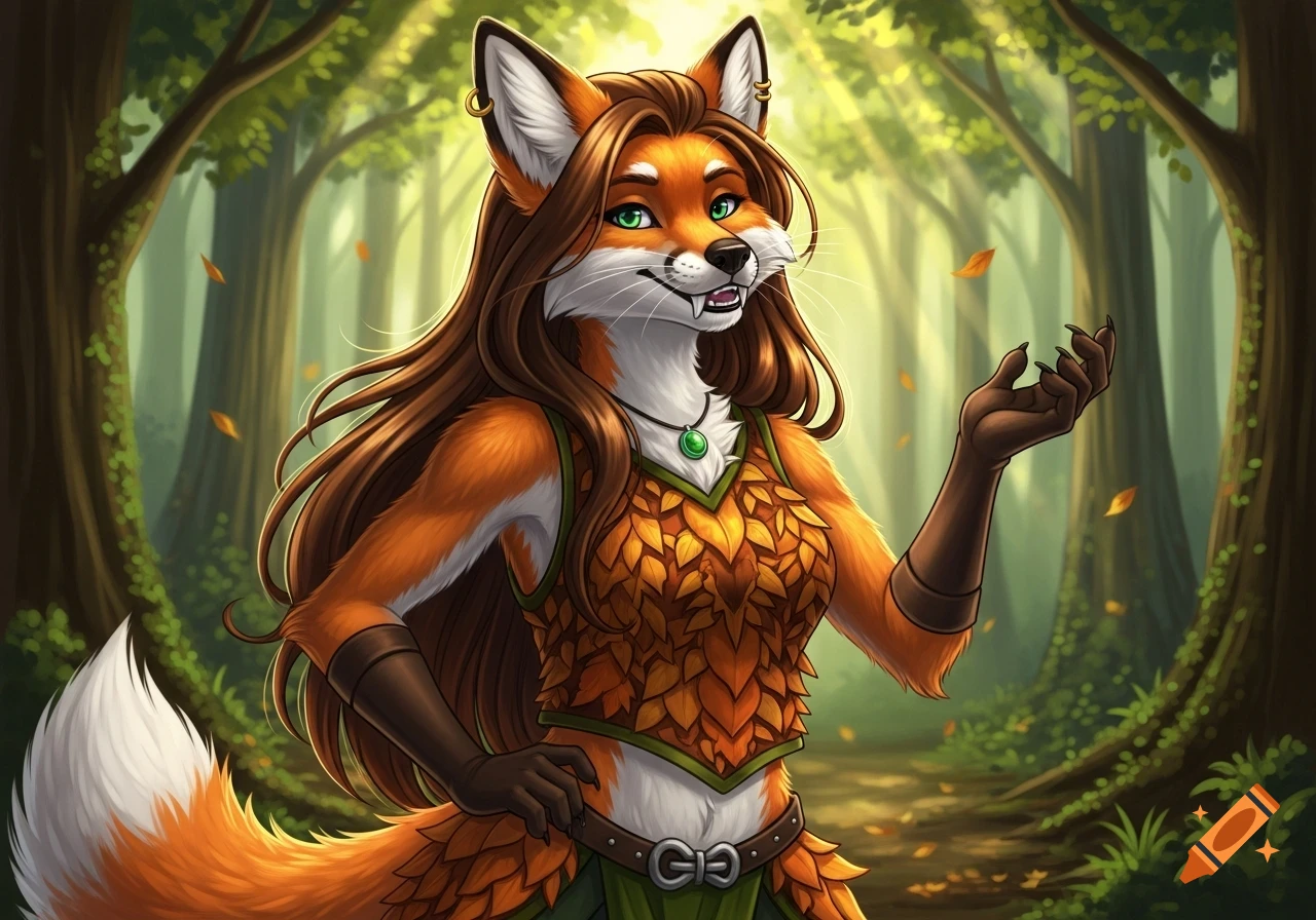 A smiling anthropomorphic female fox with long brown hair and green eyes, wearing a leaf tunic, in an enchanted forest.