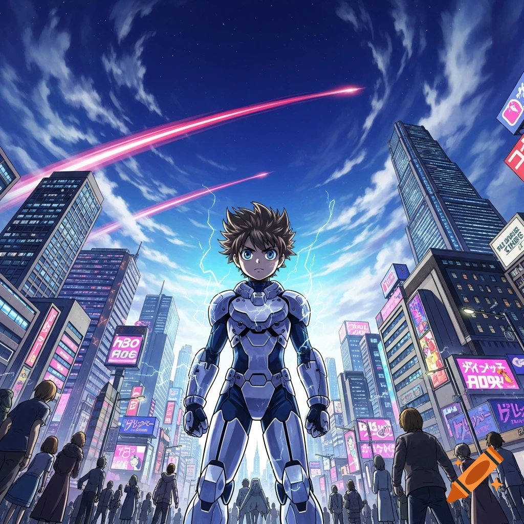 A manga-style character in a futuristic suit stands in a bustling city under a blue sky with red energy beams streaking across.