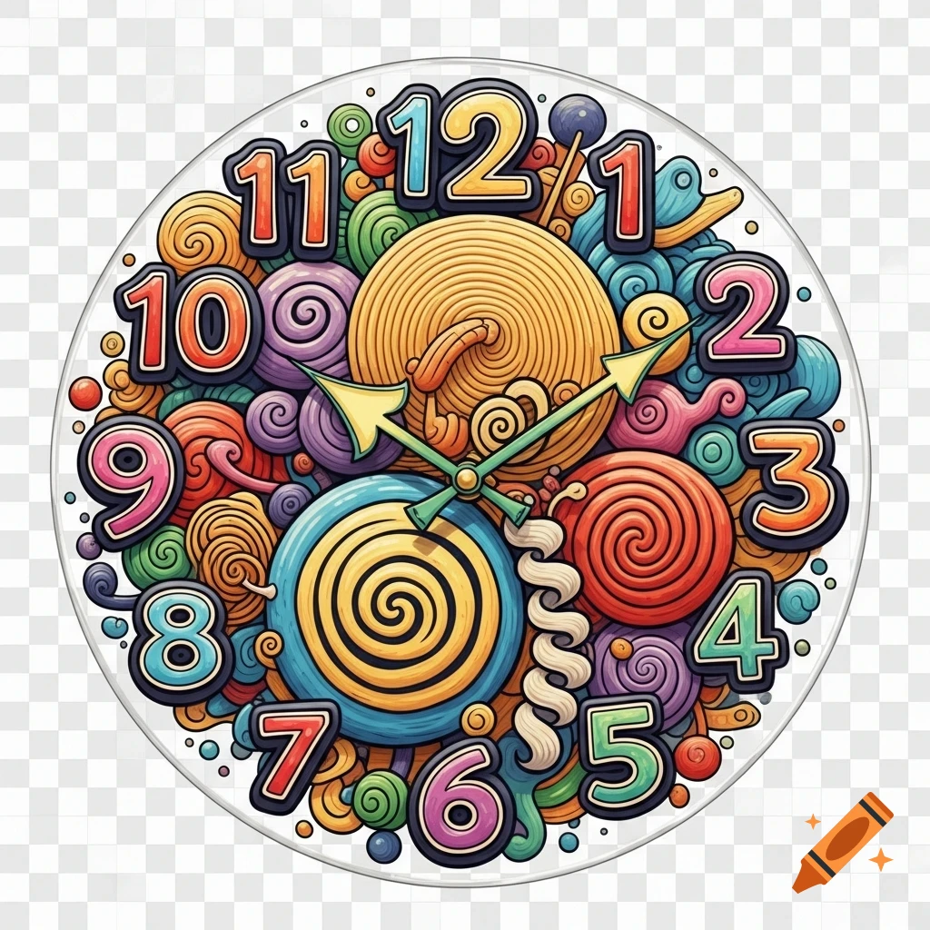 A vibrant, cartoon-style clock face with numbers 1-12, two hands, and colorful swirling patterns on a transparent background.