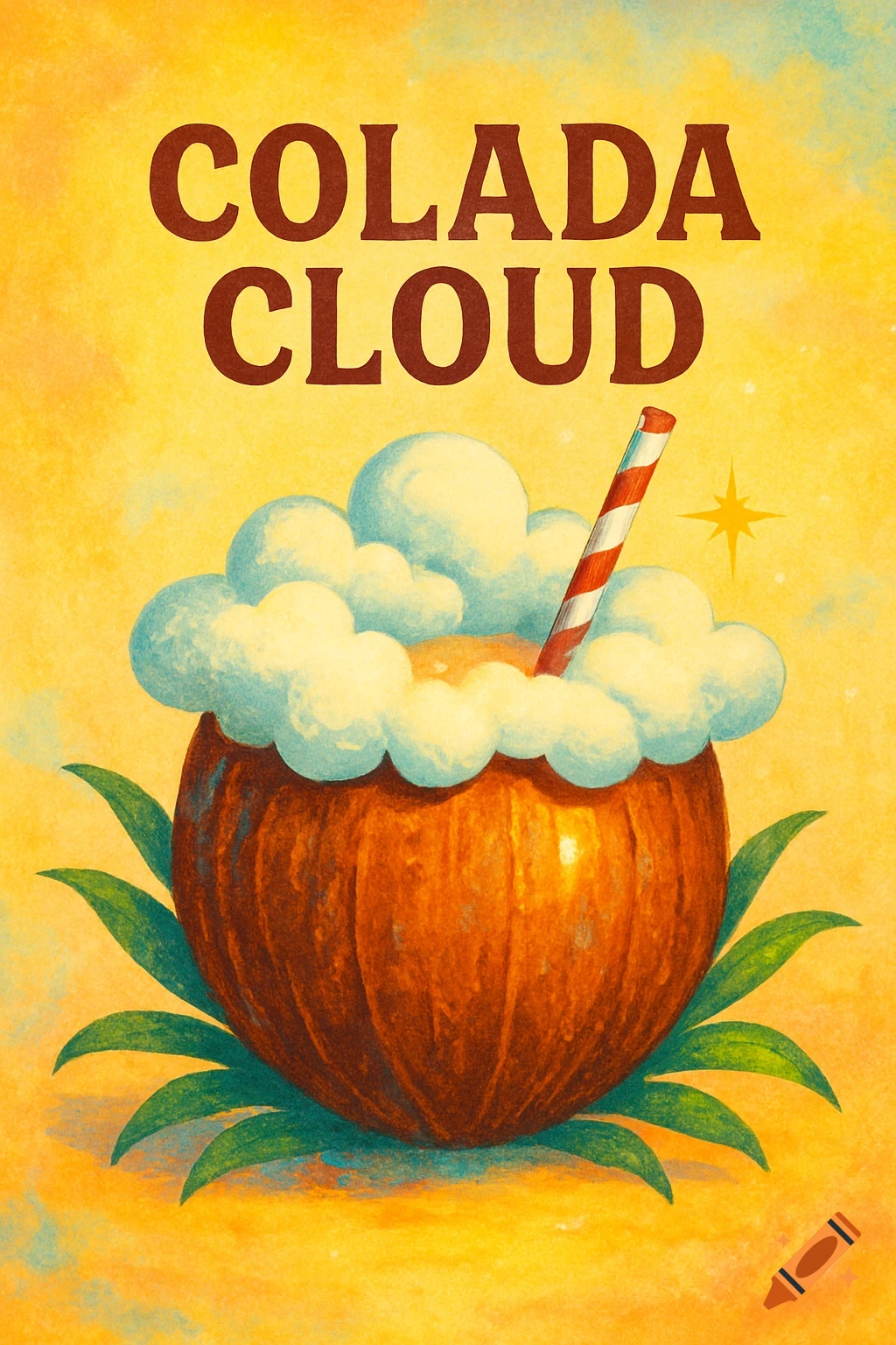 Vintage-style graphic of a coconut drink with clouds and a red-striped straw, titled 'Colada Cloud', on a yellow background.