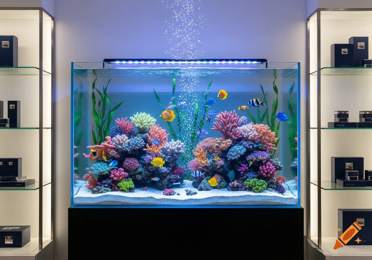 A vibrant aquarium with colorful fish and coral reefs, illuminated by blue light, sits in a modern store display.