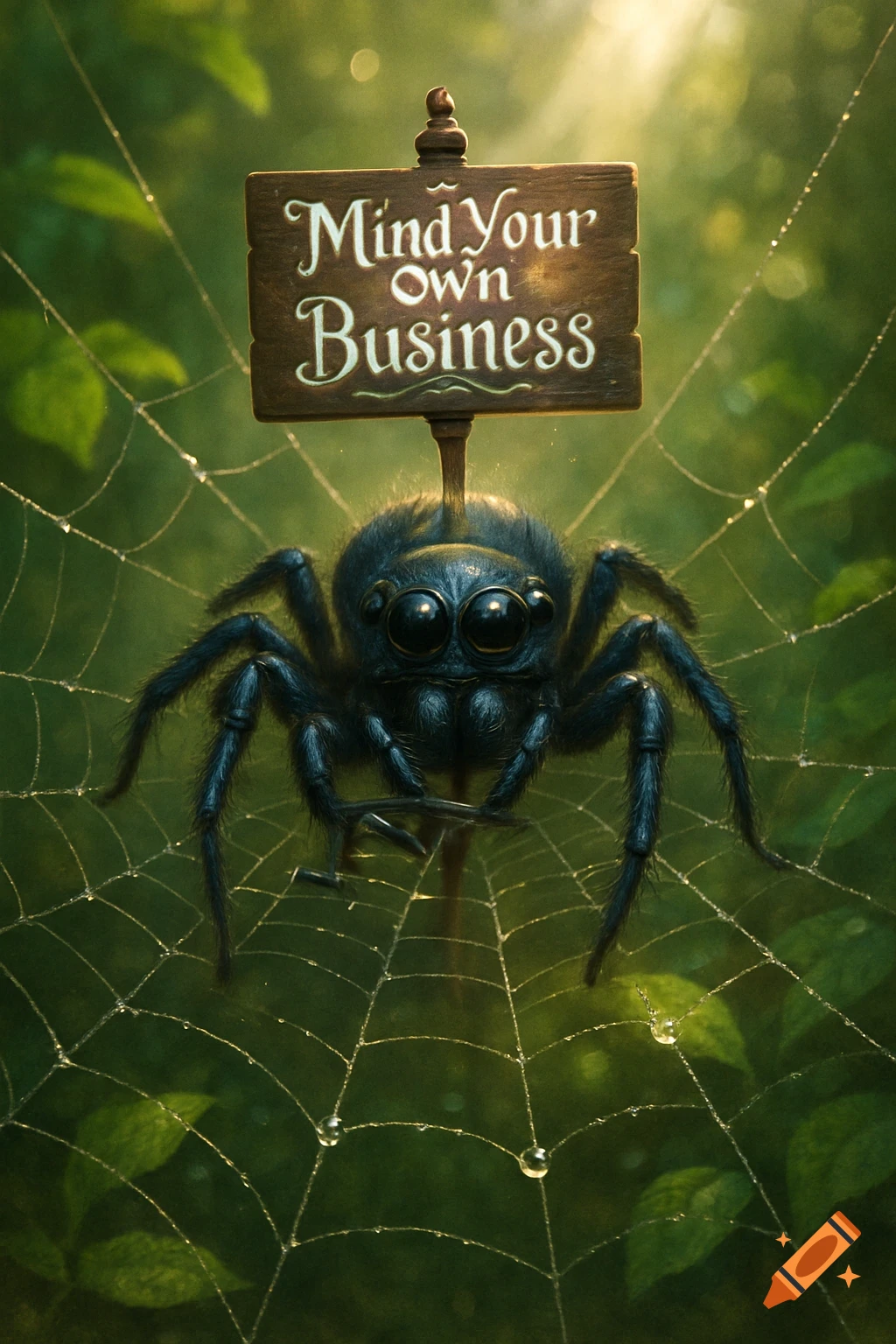 A fluffy black spider with big eyes sits on a dewy web, holding a wooden sign that says 'Mind Your Own Business' in a sunlit forest.