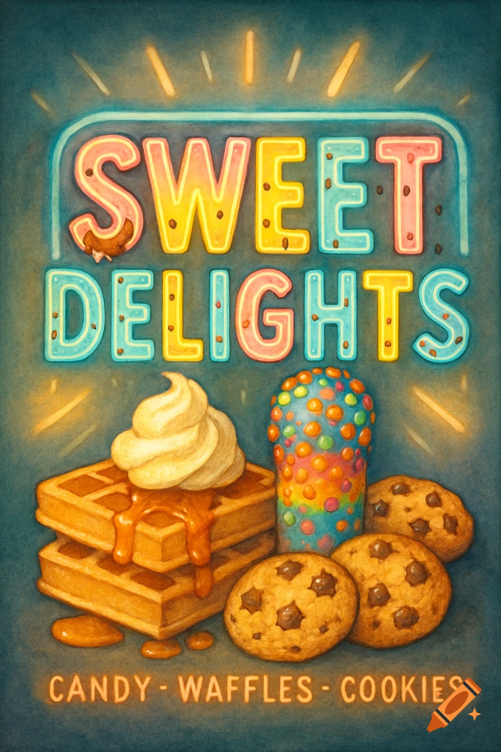 A vibrant, cartoonish sign for 'Sweet Delights' featuring glowing text, stacked waffles with syrup and whipped cream, cookies, and a colorful candy-filled cup.