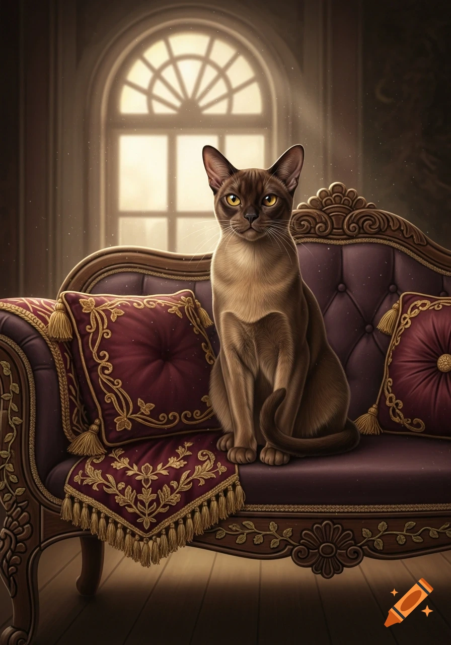 A brown Burmese cat sits regally on a plush purple and gold vintage sofa with an arched window in the background.
