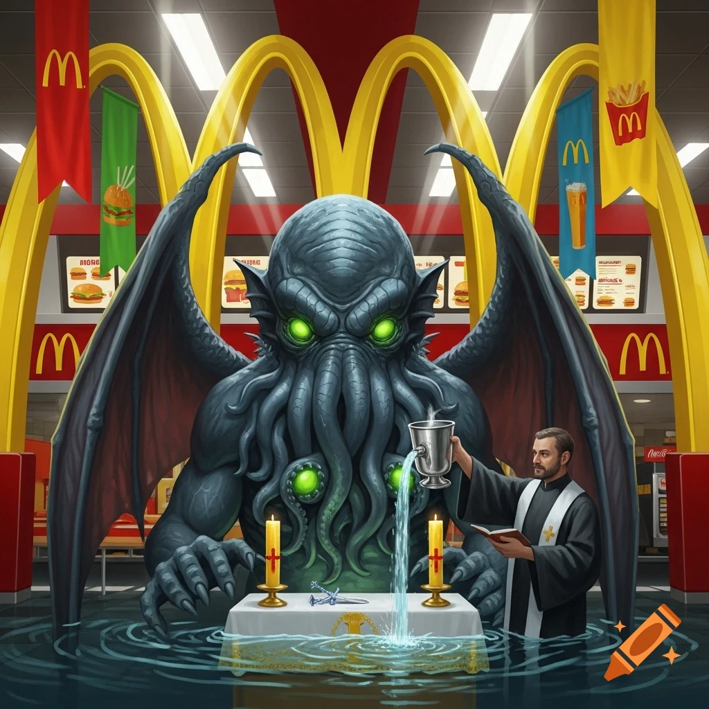A giant winged Cthulhu monster with glowing green eyes is baptized by a priest in a flooded McDonald's restaurant.