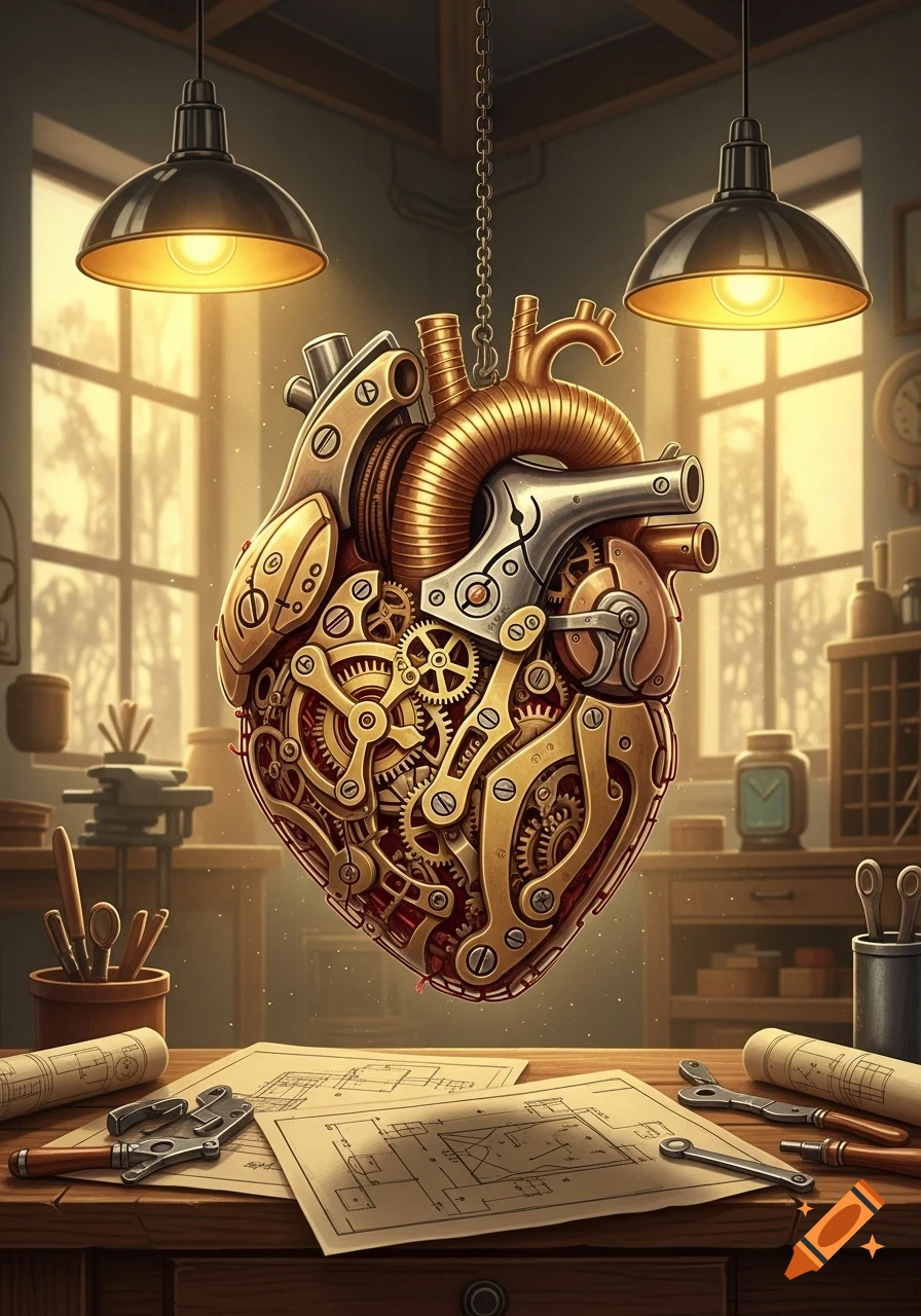Detailed steampunk mechanical heart suspended in a sunlit workshop with blueprints and tools on a workbench.