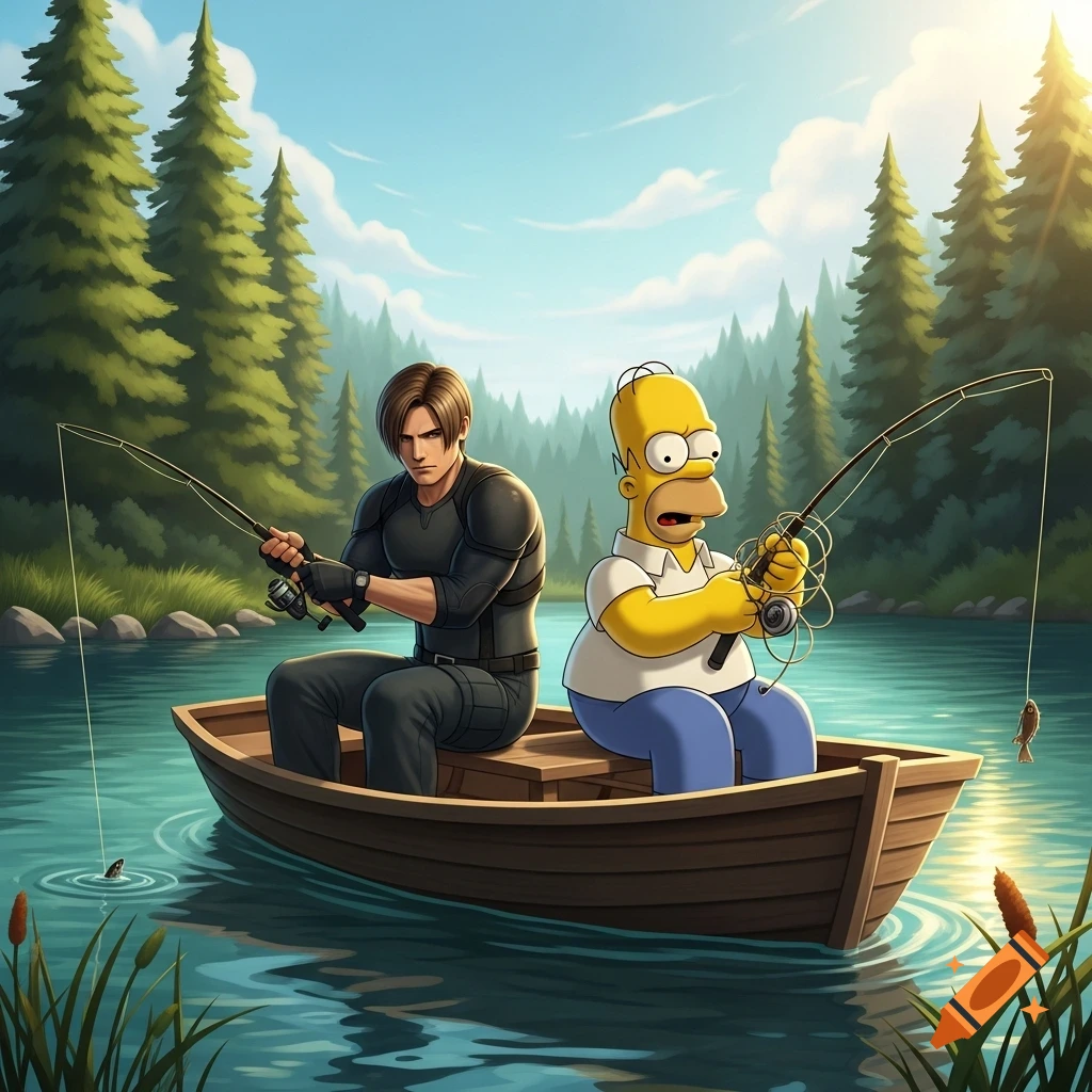 Leon Kennedy and Homer Simpson fish from a wooden boat on a serene lake surrounded by pine trees, in a bright cartoon style.