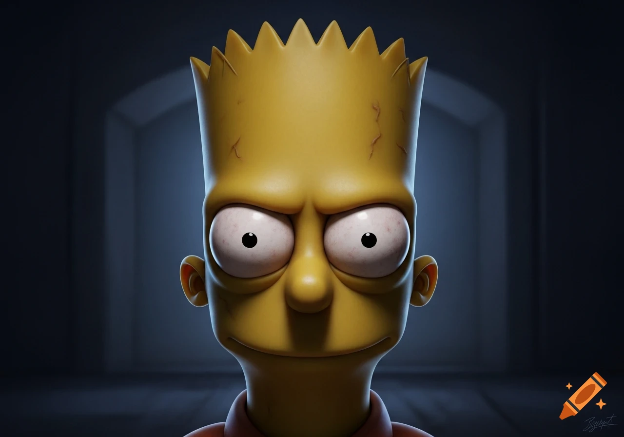 Close-up of a realistic and disturbing Bart Simpson with wide bloodshot eyes and a grim expression in a dark setting.