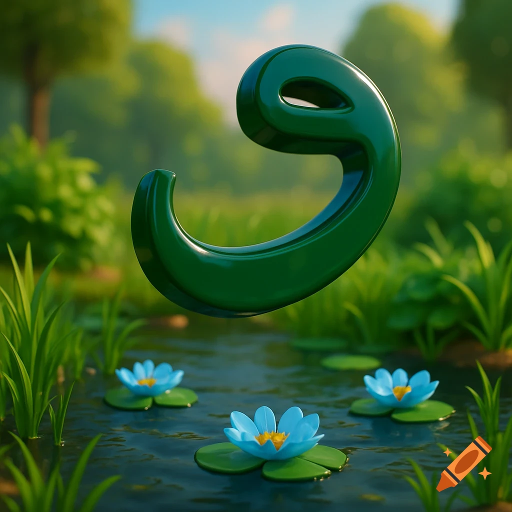 A glossy dark green 3D character 'ق' floats above a marshland with blue water lilies and blurred trees, in a bright CGI style.