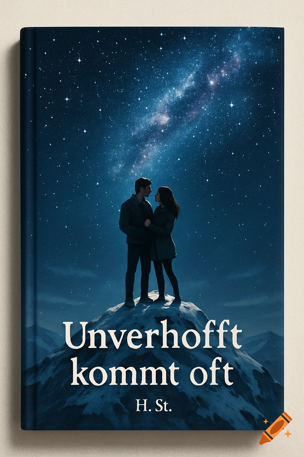 A book cover featuring a loving couple on a snowy mountain peak under a vibrant galaxy-filled night sky. The title reads "Unverhofft kommt oft" by H. St.