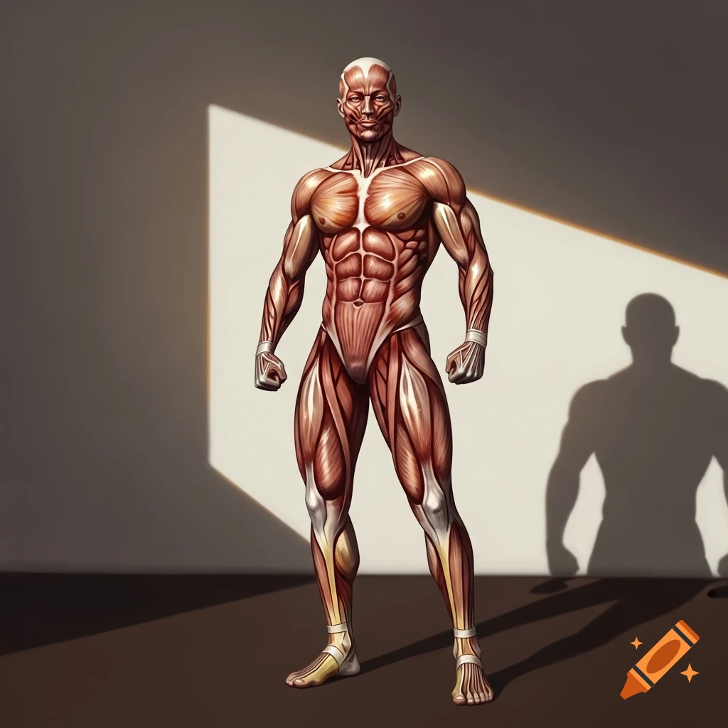 Anatomical illustration of a full human muscular system figure standing against a wall with a shadow.