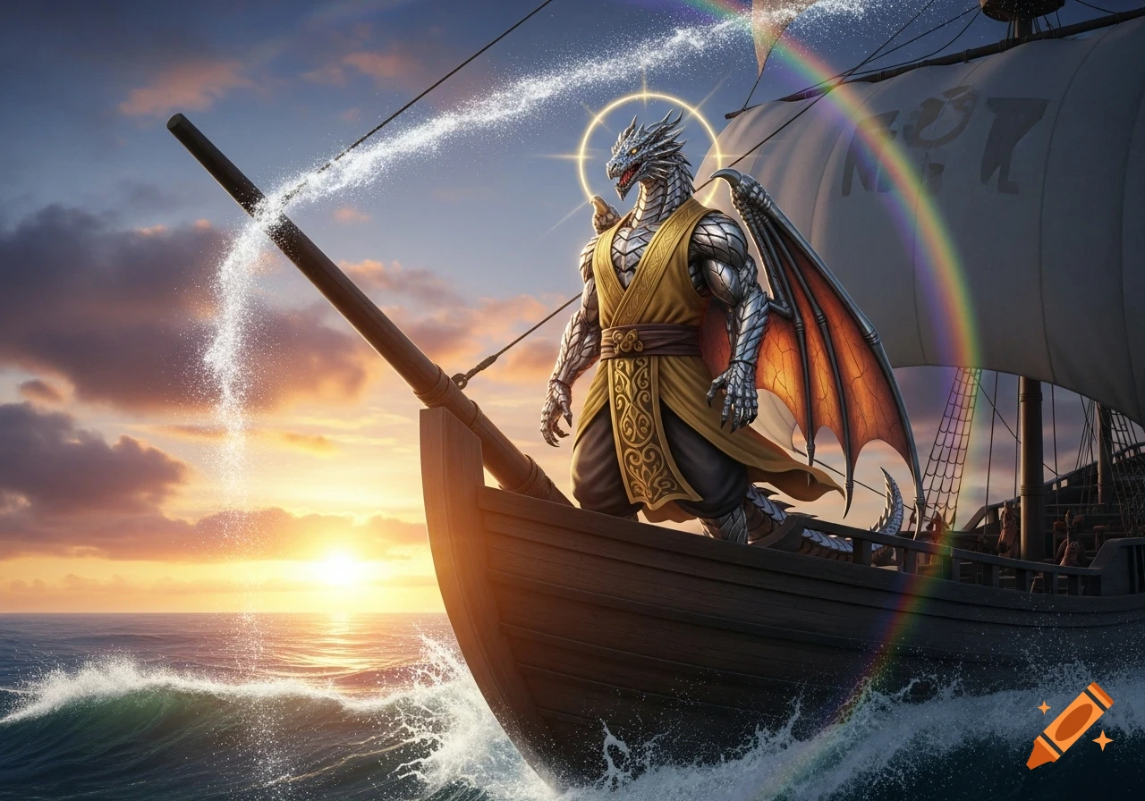 A metallic dragonborn monk in a gold robe stands on a wooden ship sailing on waves at sunset, with a rainbow in the sky.