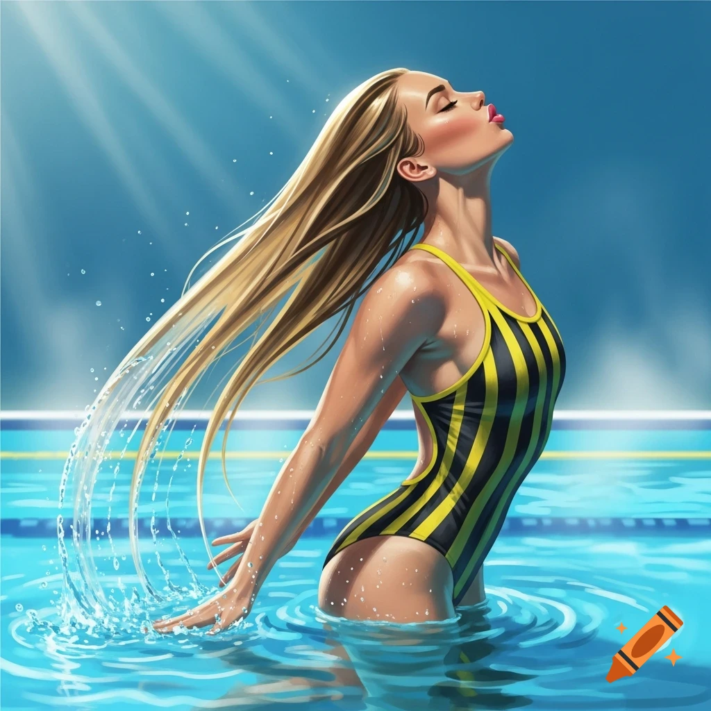 Illustrative image of a blonde woman in a black and yellow striped swimsuit, arching her back and splashing water in a pool.