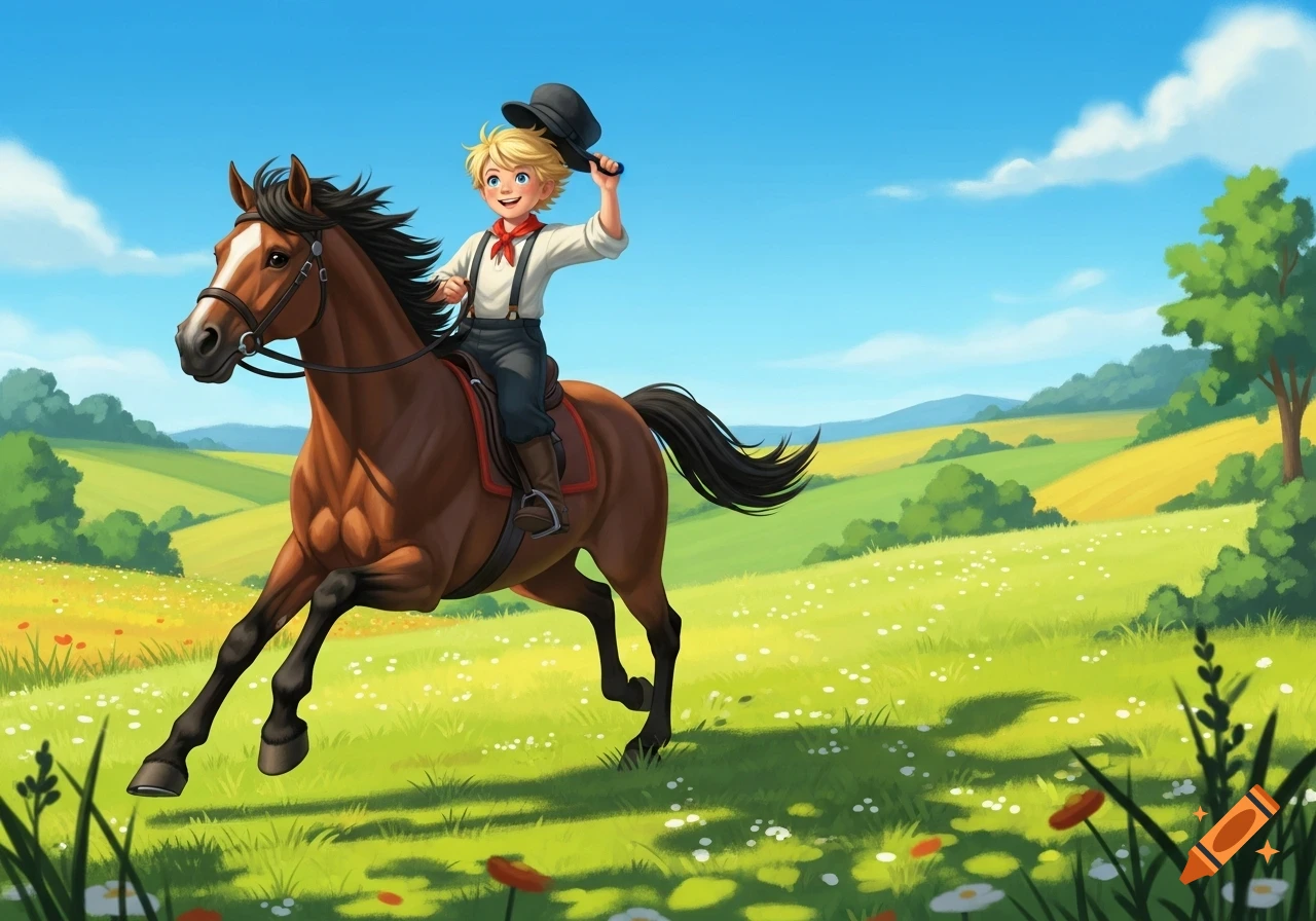 Cartoon illustration of a smiling blond boy in suspenders riding a brown horse dynamically through a sunny green field.