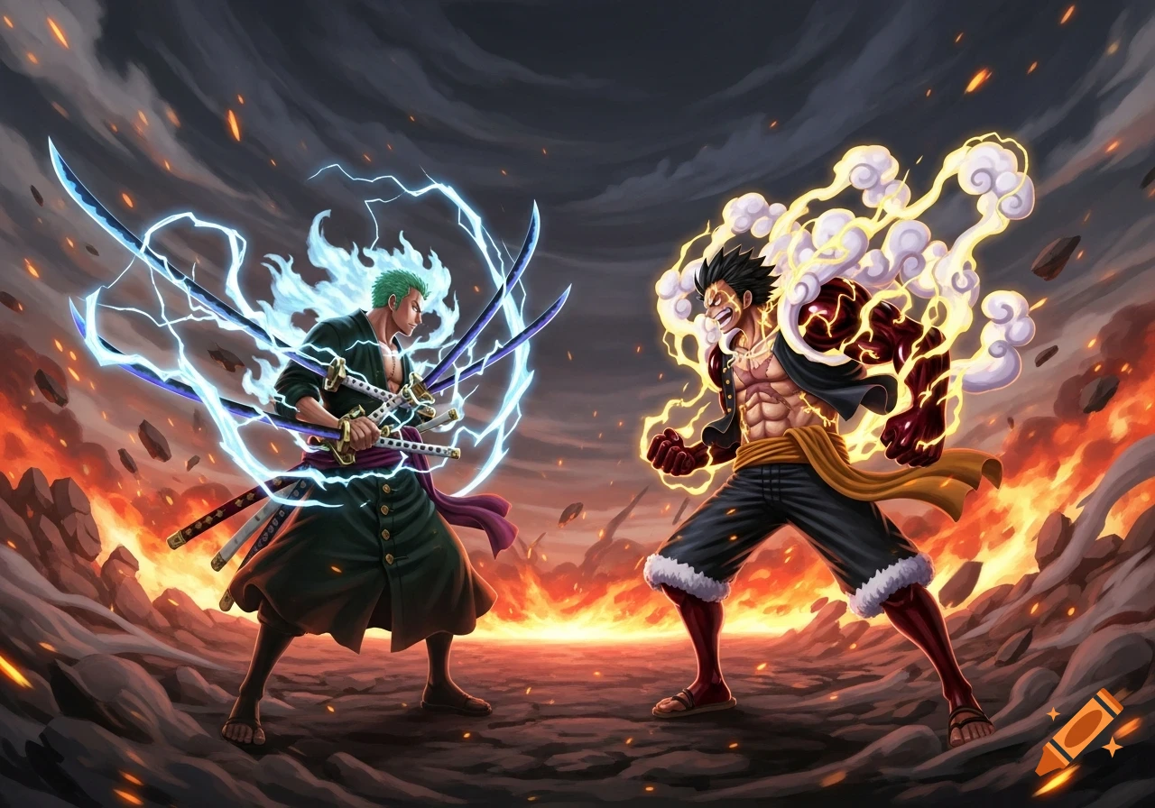 Anime characters Zoro with lightning swords and Luffy in Gear 5 form with smoke and fire, facing off in an epic battle.