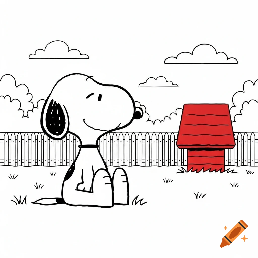 Black and white cartoon Snoopy sitting in a backyard next to his red doghouse.