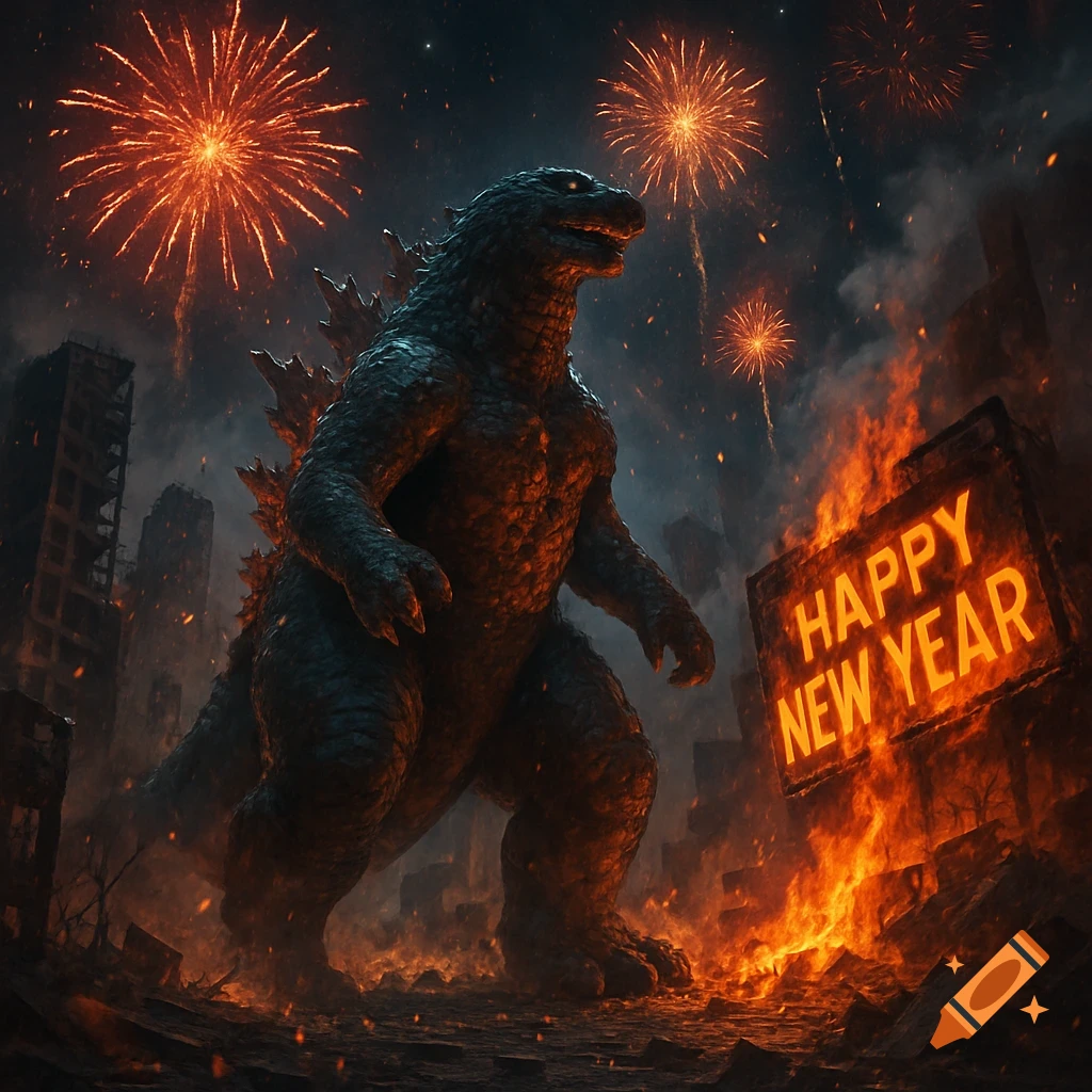 Godzilla stands amidst a burning, ruined city under fireworks, next to a flaming sign reading 'HAPPY NEW YEAR'.