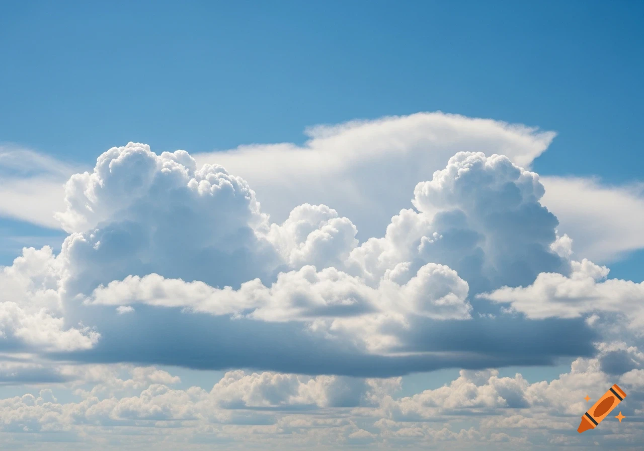 Fluffy white cumulus clouds against a bright blue sky, with some darker clouds at the bottom.