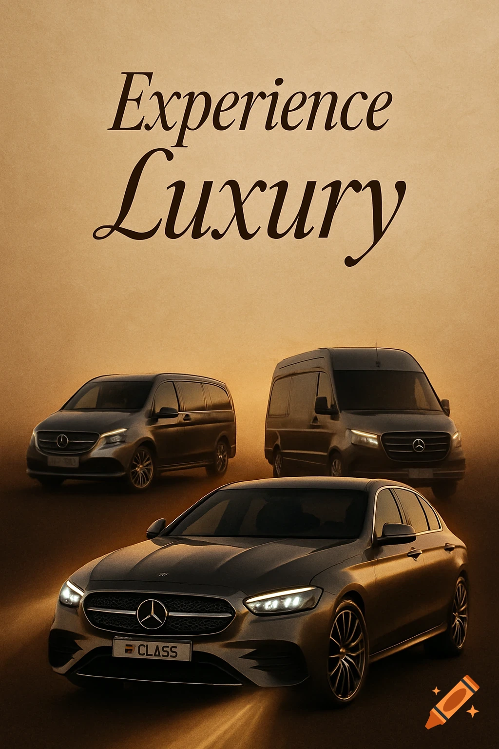 Three Mercedes vehicles (sedan, minivan, van) against a warm gradient background, with 'Experience Luxury' text.