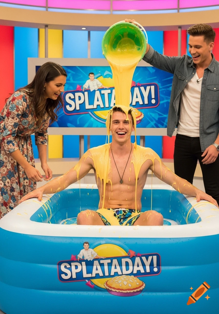 A man in swimming trunks sits in an inflatable pool, being drenched with yellow slime by another man, as a woman laughs beside them on a colorful TV show set.