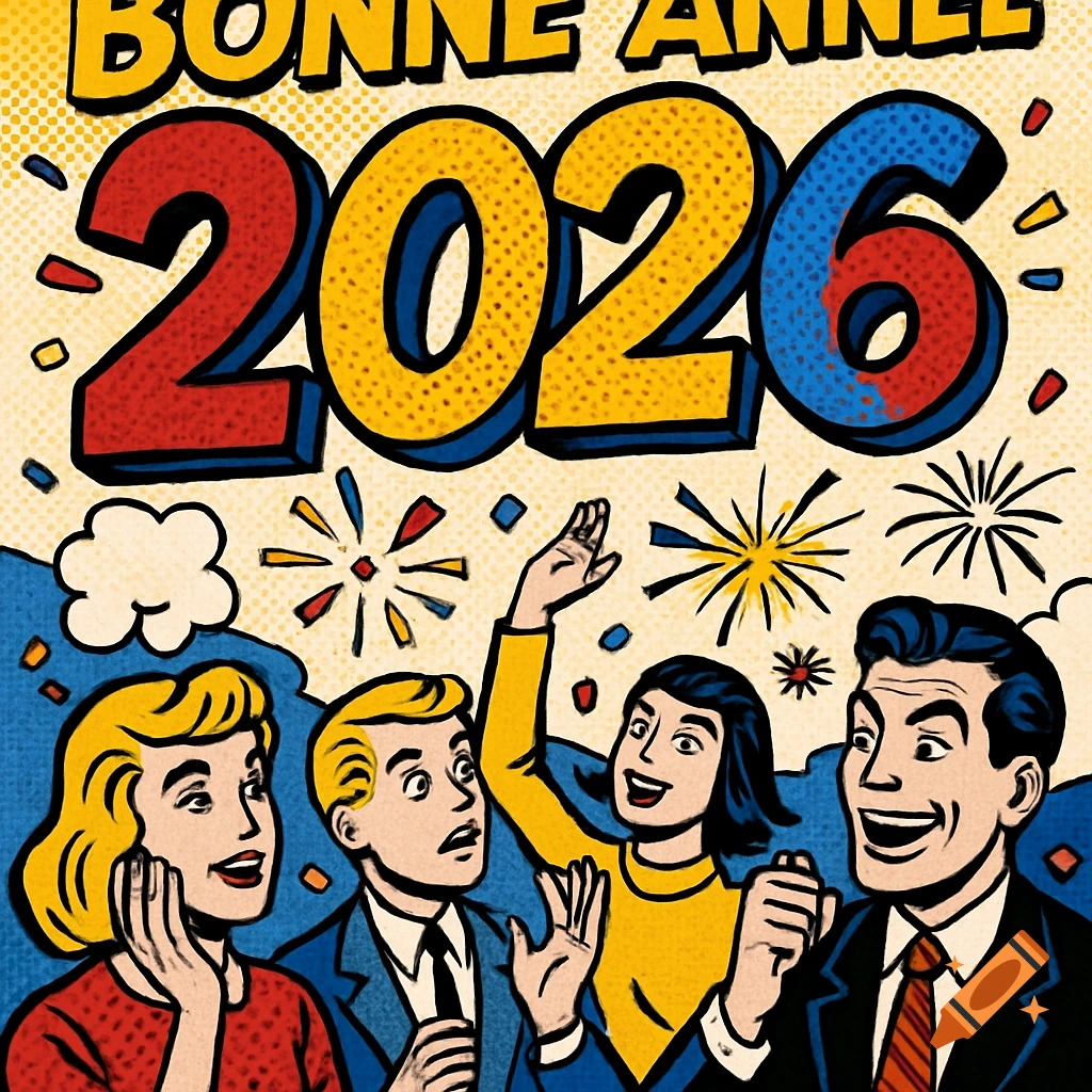 Four diverse people in a pop art style celebrate under a 'Bonne Année 2026' banner with fireworks.