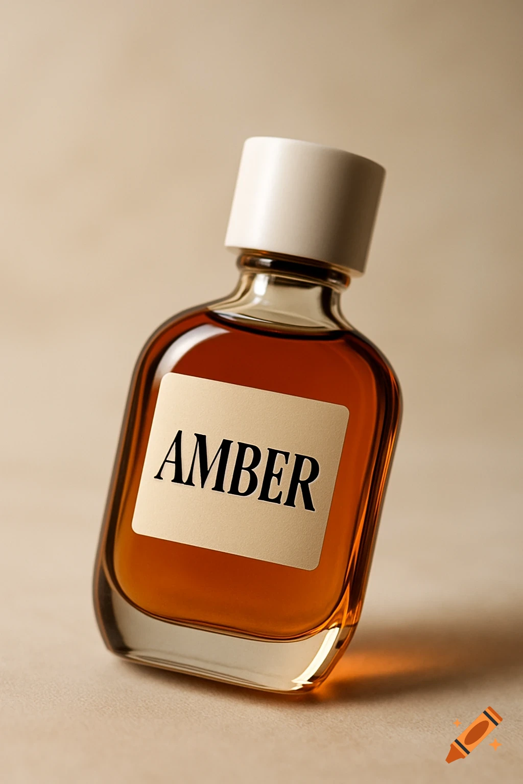 A brown glass bottle with a white cap and an 'AMBER' label, containing amber liquid, against a beige background.