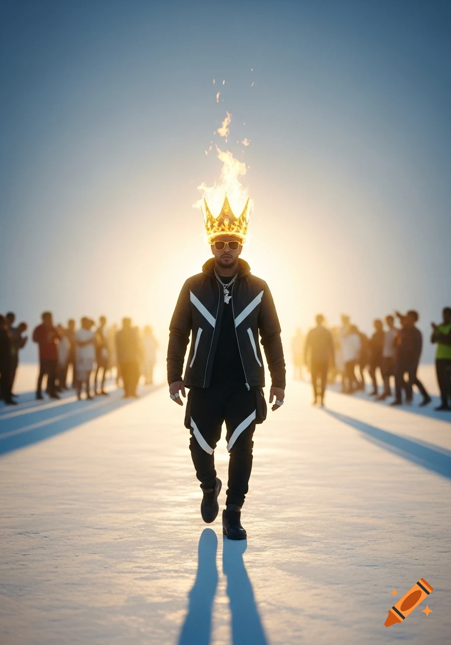 A man in streetwear with a flaming golden crown and sunglasses walks confidently on a sun-drenched path towards the viewer, with a blurred crowd in the background.