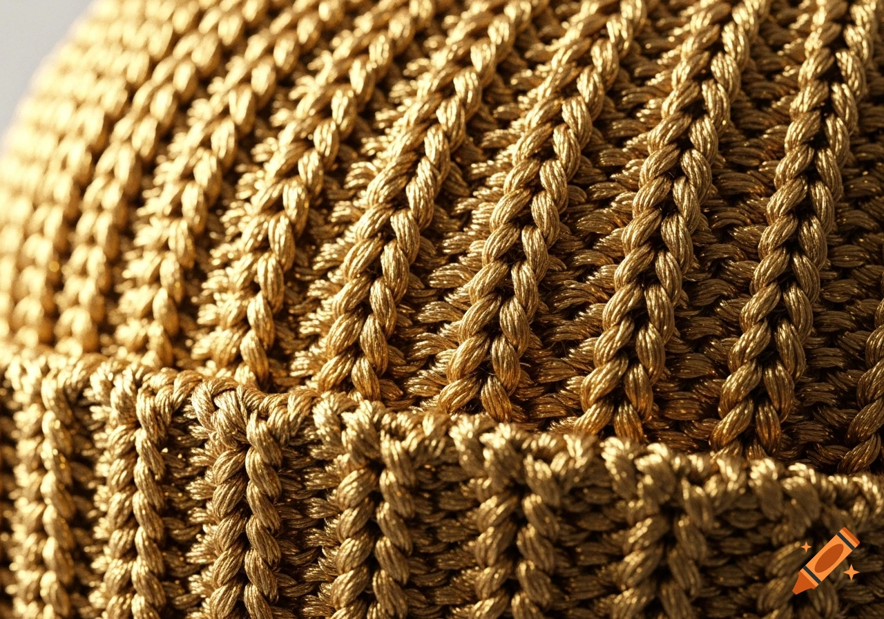 Close-up of shiny gold knitted fabric texture, resembling a beanie, in a photorealistic style.
