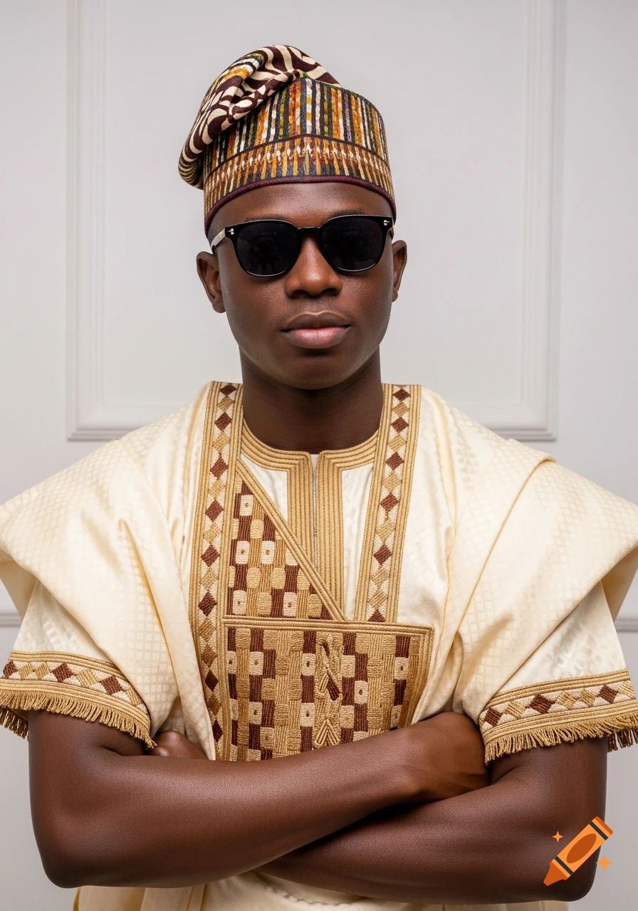 Photorealistic studio portrait of a dark-skinned young man in cream West African attire, matching cap, and sunglasses, arms crossed.