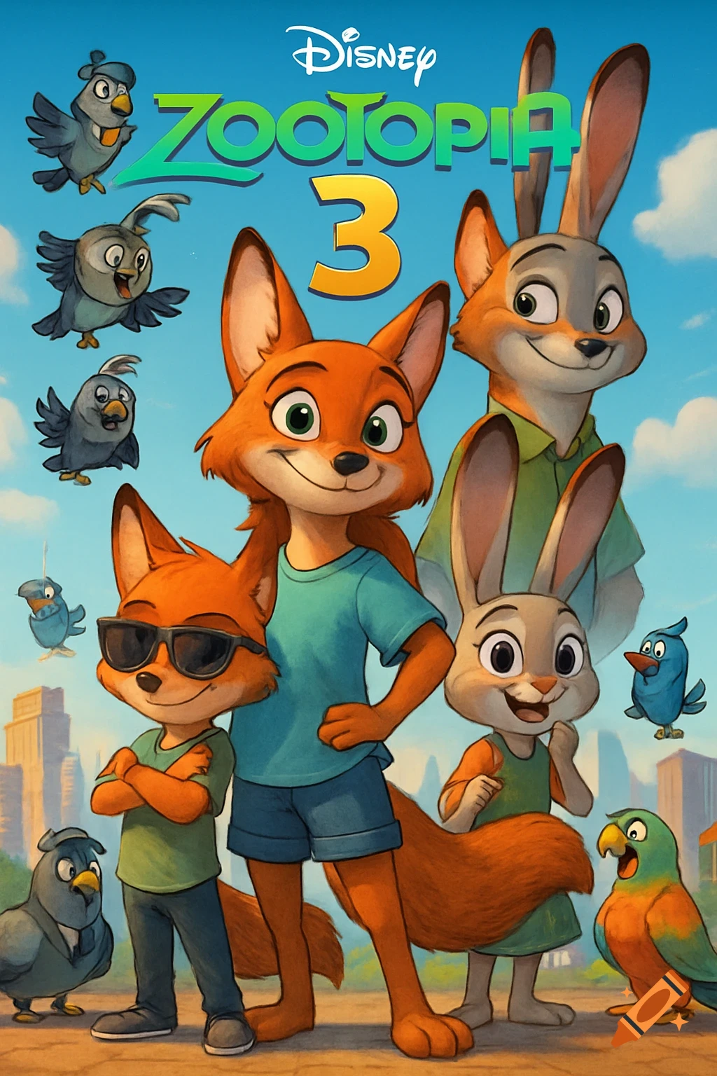 Animated Zootopia 3 movie poster with cartoon fox and bunny families, birds, and a city skyline under a blue sky.
