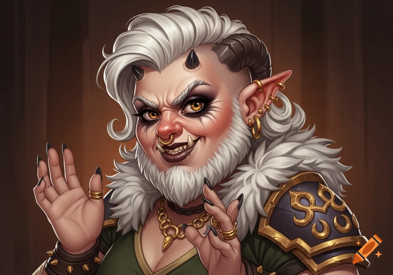 A fierce, stout fantasy character with white hair and beard, small horns, pointed ears with piercings, fangs, and a gold nose ring, smirking aggressively.