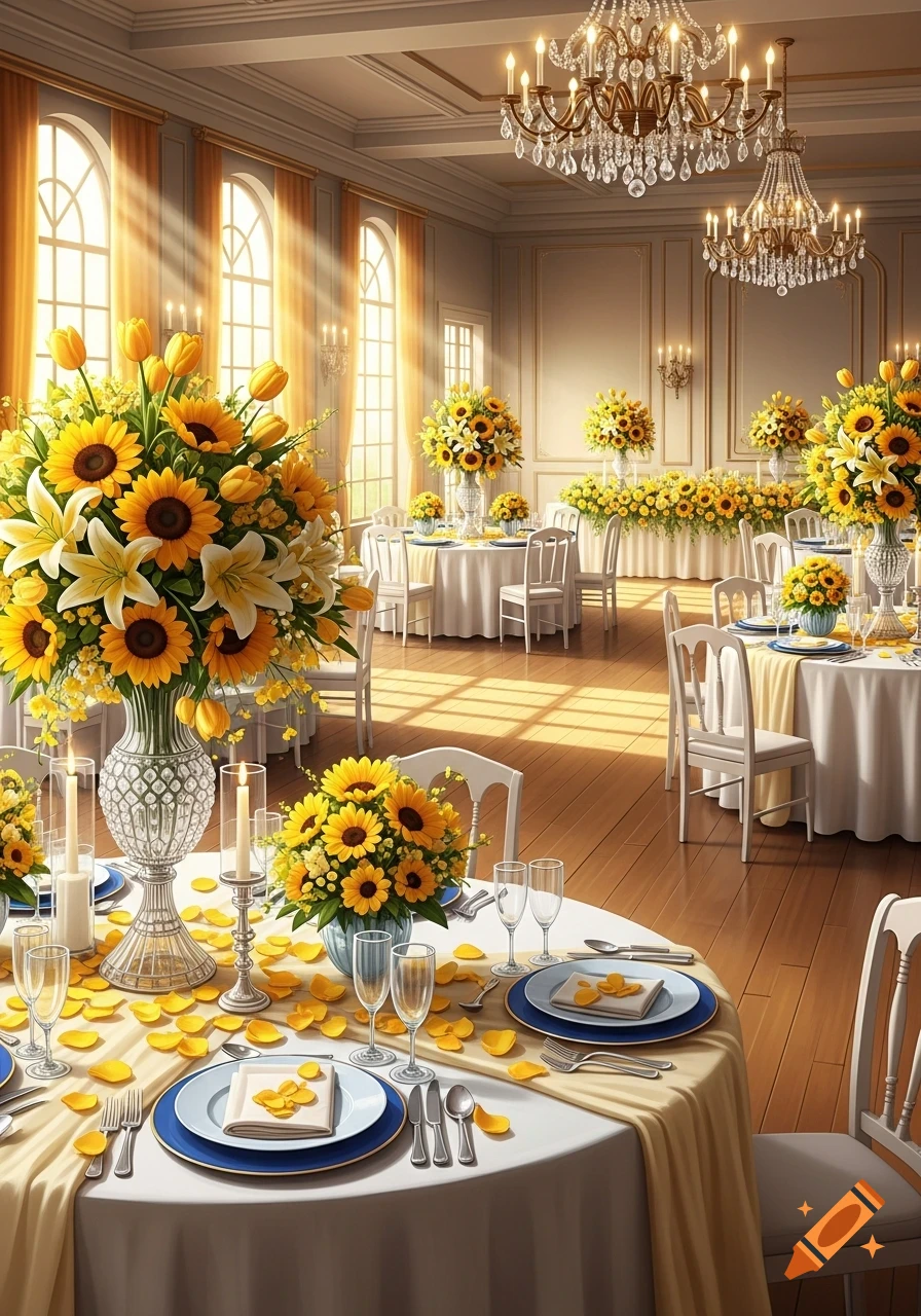 A lavish ballroom with tables set for an event, adorned with large arrangements of yellow sunflowers, tulips, and white lilies. Sunlight streams through tall arched windows, illuminating the elegant decor and crystal chandeliers.