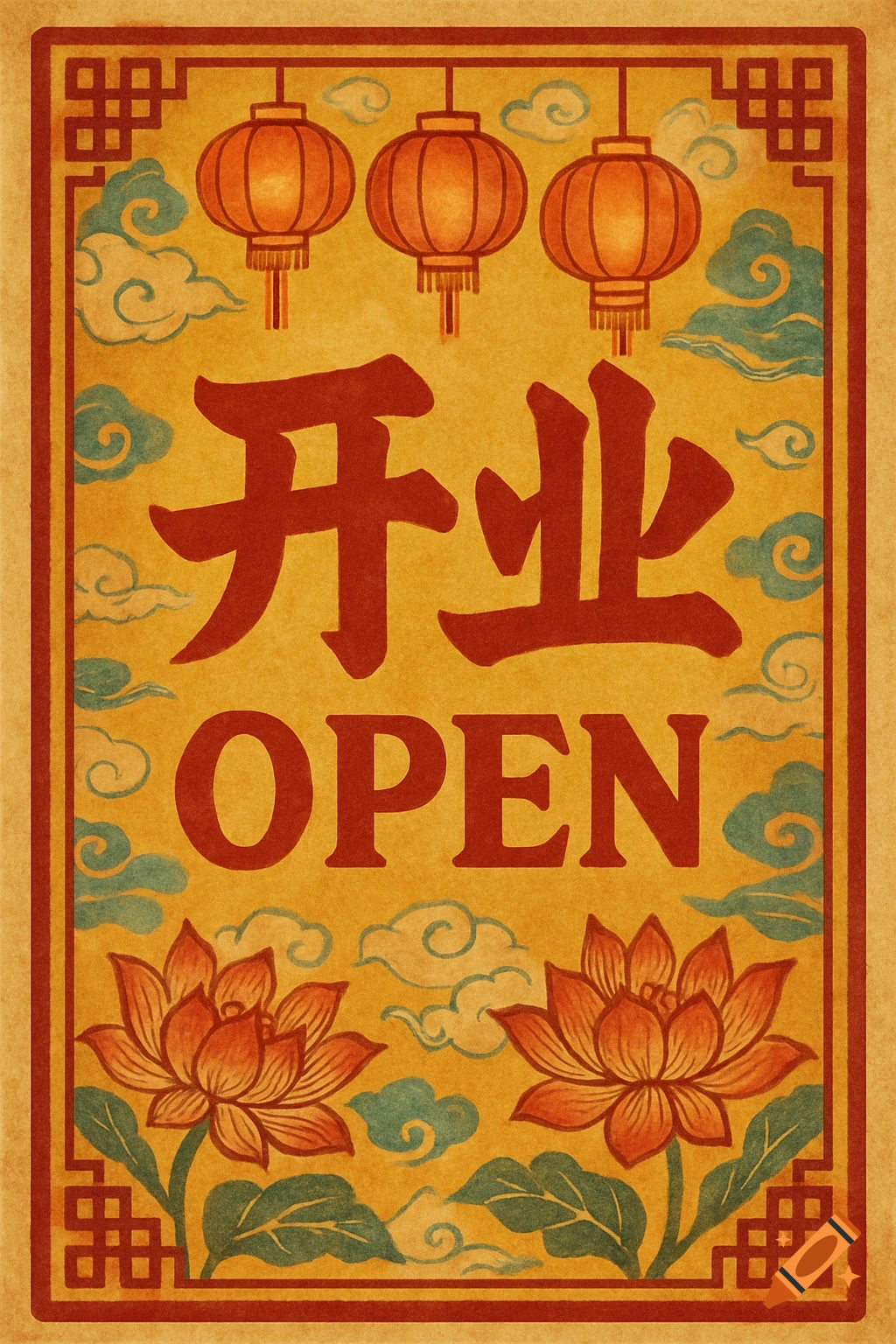 Traditional Chinese poster reading '开业 OPEN' on a yellow background, featuring red lanterns, lotus flowers, and clouds.